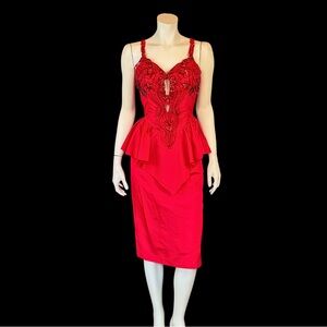 Vintage 80s Red BEADED PEPLUM Wiggle Cocktail Party Dress / XS S